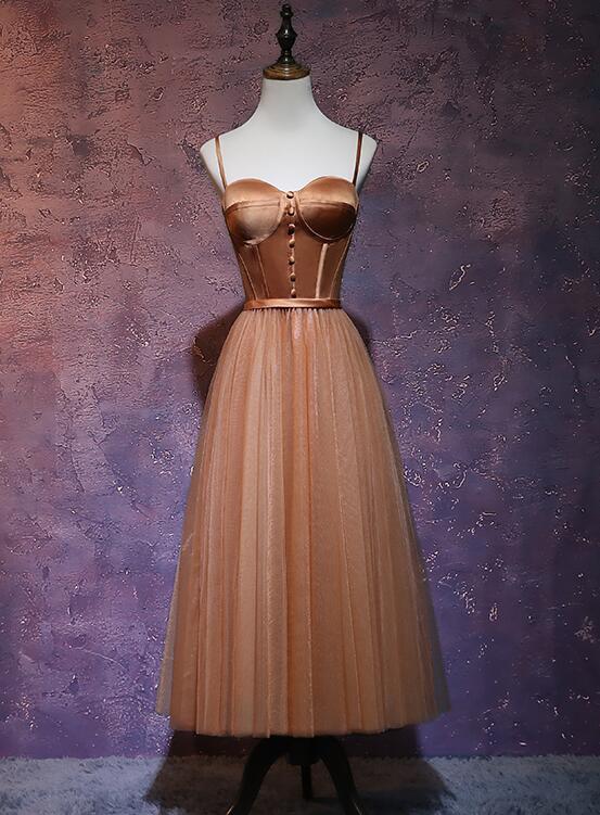 Vintage Tulle And Satin Straps Tea Length Party Dress, Elegant Bridesmaid Dress