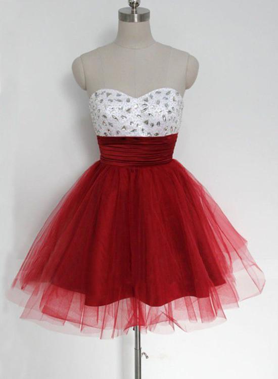 Cute Red And White Tulle Beaded Short Party Dress, Sweetheart Prom Dress