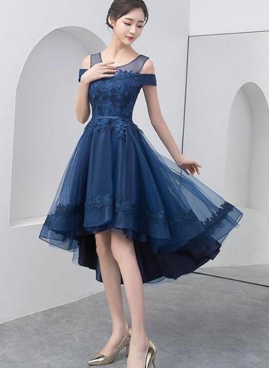 Lovely Navy Blue High Low Homecoming Dress 2019, Short Party Dress