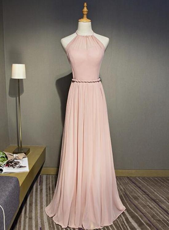 Simple Chiffon Halter Pink Open Back Bridesmaid Dress, Long Party Gown