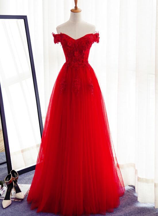 Beautiful Red Tulle Formal Dress 2021, Off Shoulder Red Evening Gown With Applique