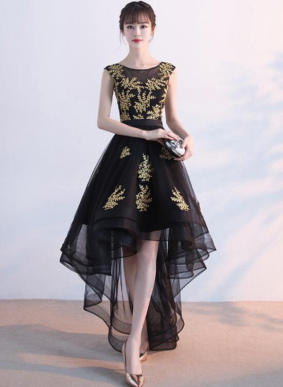Black Tulle High Low Homecoming Dress With Gold Applique, Lovely Formal Dress