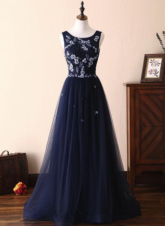 Charming Navy Blue Wedding Party Dresses, Prom Gowns Blue Evening Dress