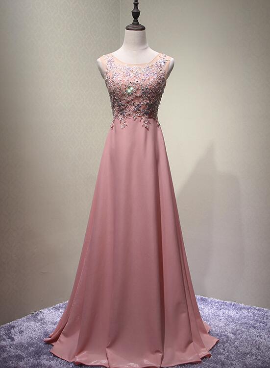 Dark Pink Chiffon And Beaded A-line Round Neckline Junior Prom Dress 2021, Long Evening Dress