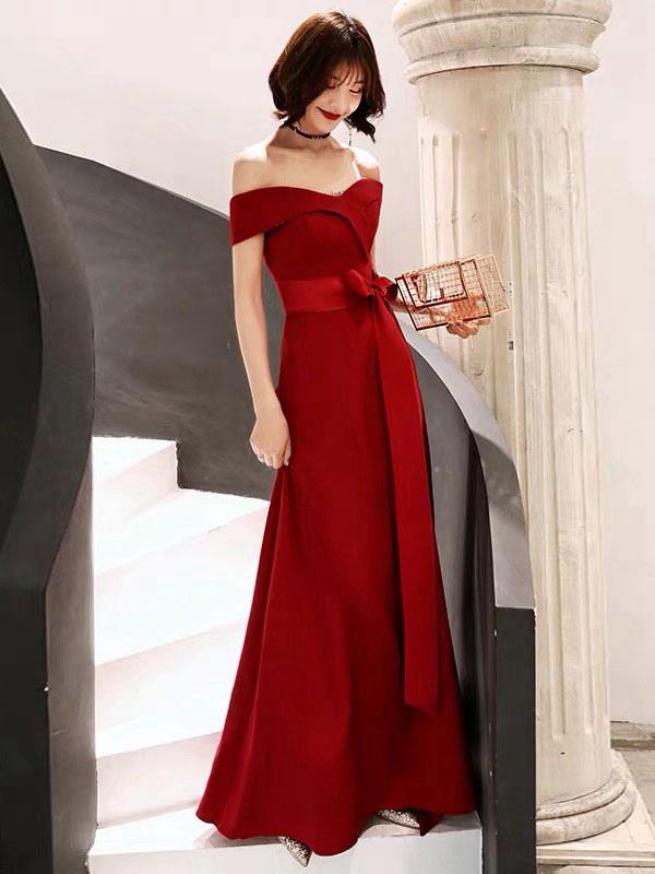Gorgeous Red Evening Dress Off Shoulder Floor Length Satin Sash Social Prom Party Dresses