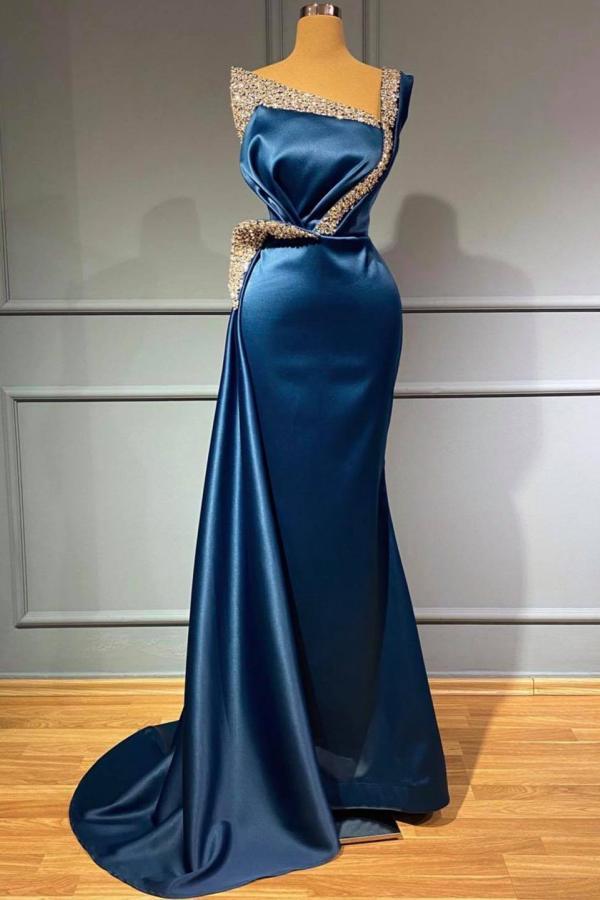One Shoulder Blue Beading Sequns Long Mermaid Prom Dress
