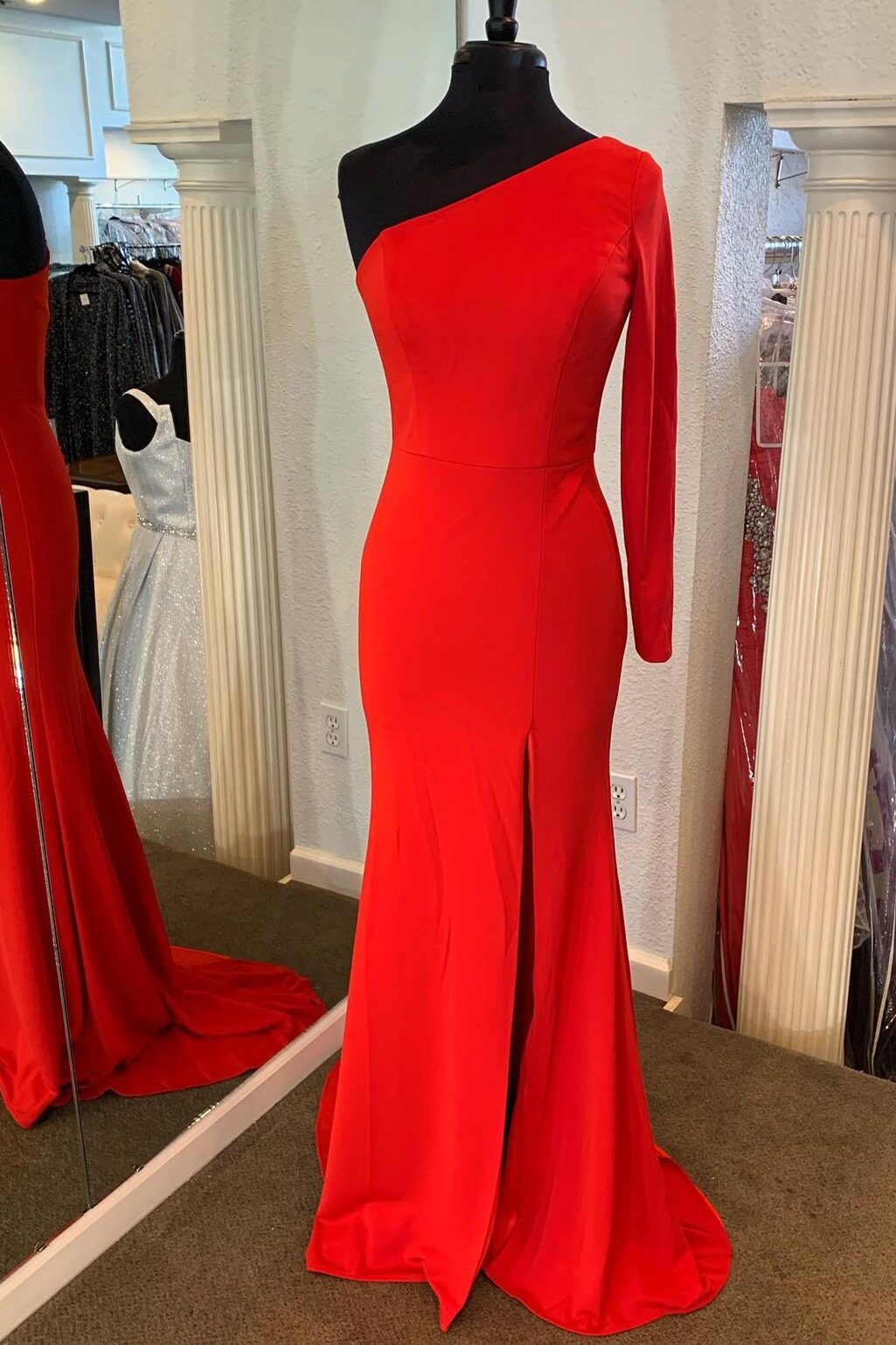 Simply Red Mermaid One Shoulder Long Sleeve Dress