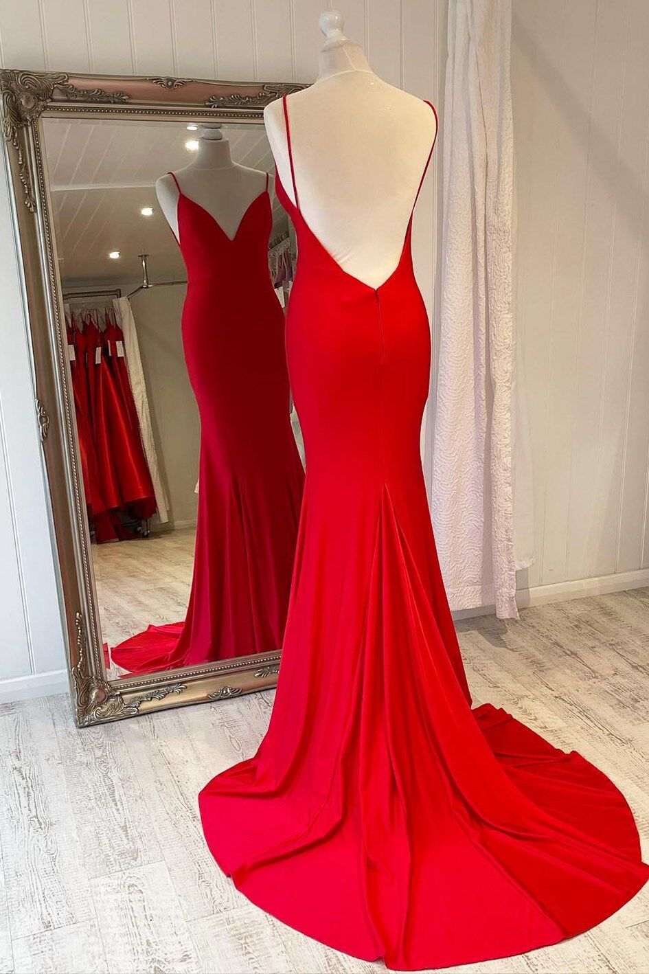 Simple Red Mermaid Open Back Long Party Dress