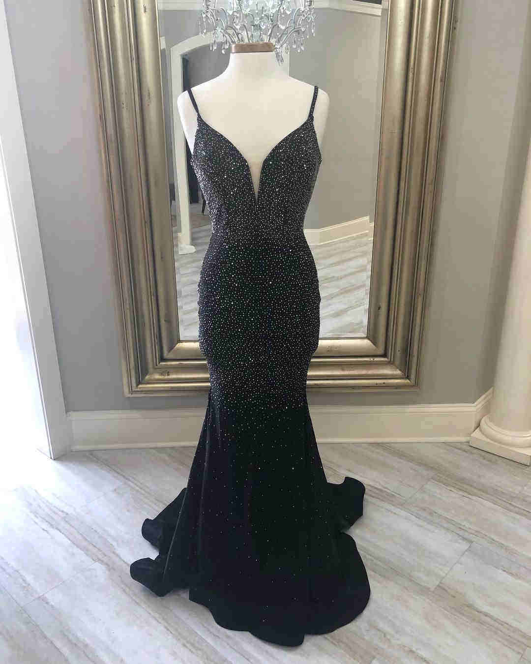Elegant Black Mermaid Long Prom Dress With Rhinestone