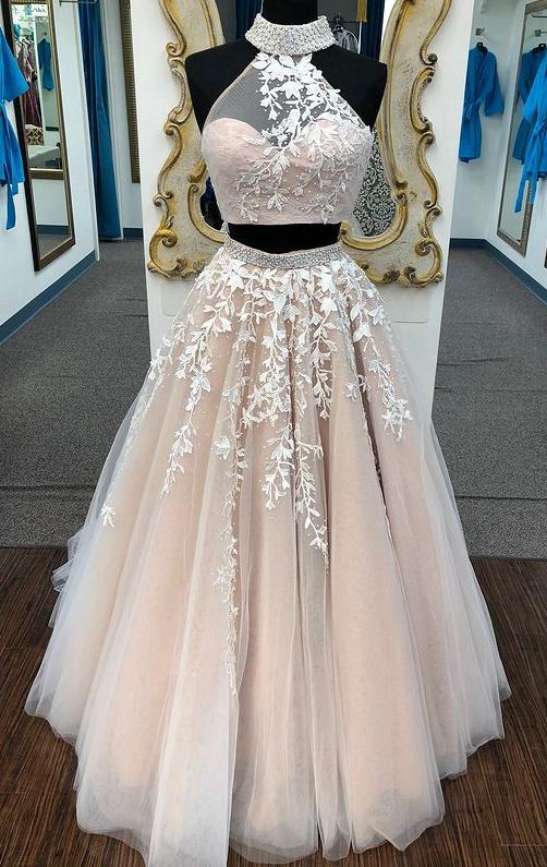 Two Pieces Tulle Long Prom Dresses With Appliques And Beading,winter Formal Dresses