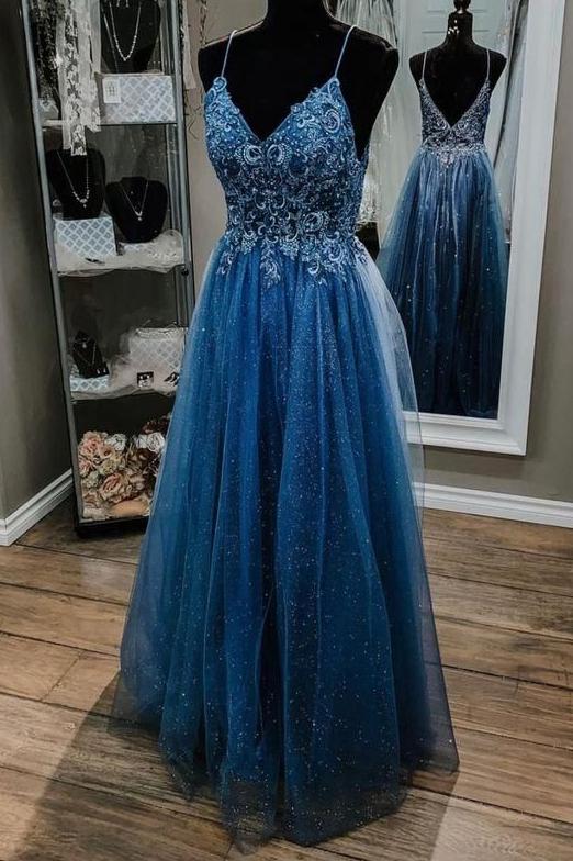 Sparkly Tulle Long Prom Dresses With Appliques And Beading,winter Formal Dresses