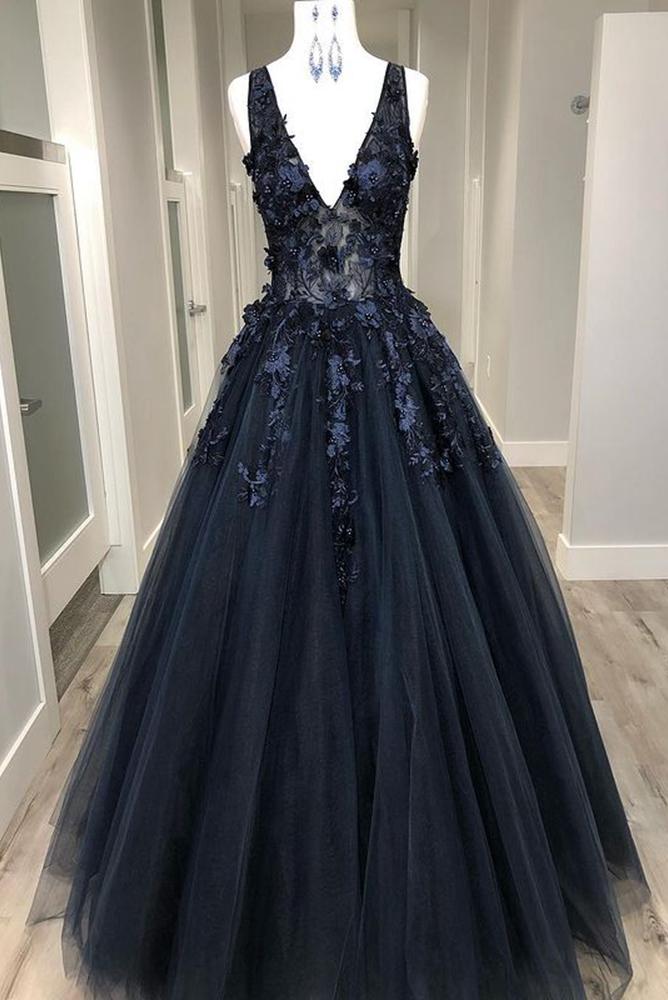 V-Neck Prom Dresses With Appliques,A-line Tulle Beaded Long Prom Dresses,PL133