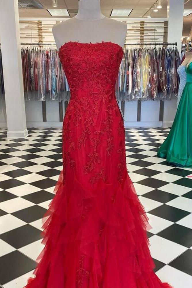 Strapless Mermaid Tulle Long Prom Dress with Beading