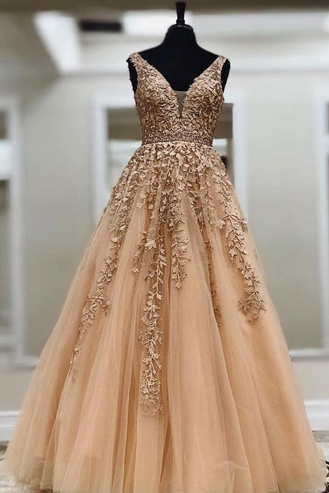 V-neck Long Prom Dress with Appliques and Beading