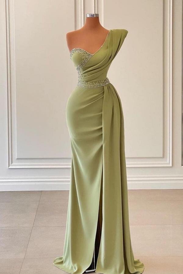 Modern One Shoulder Sage Mermaid Prom Dress Long Ruffles With Beads,pl5333