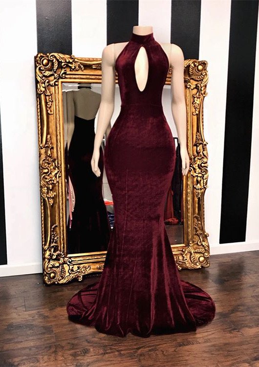 Stunning High Neck Burgundy Keyhole Prom Dress Mermaid Velvet.pl5344