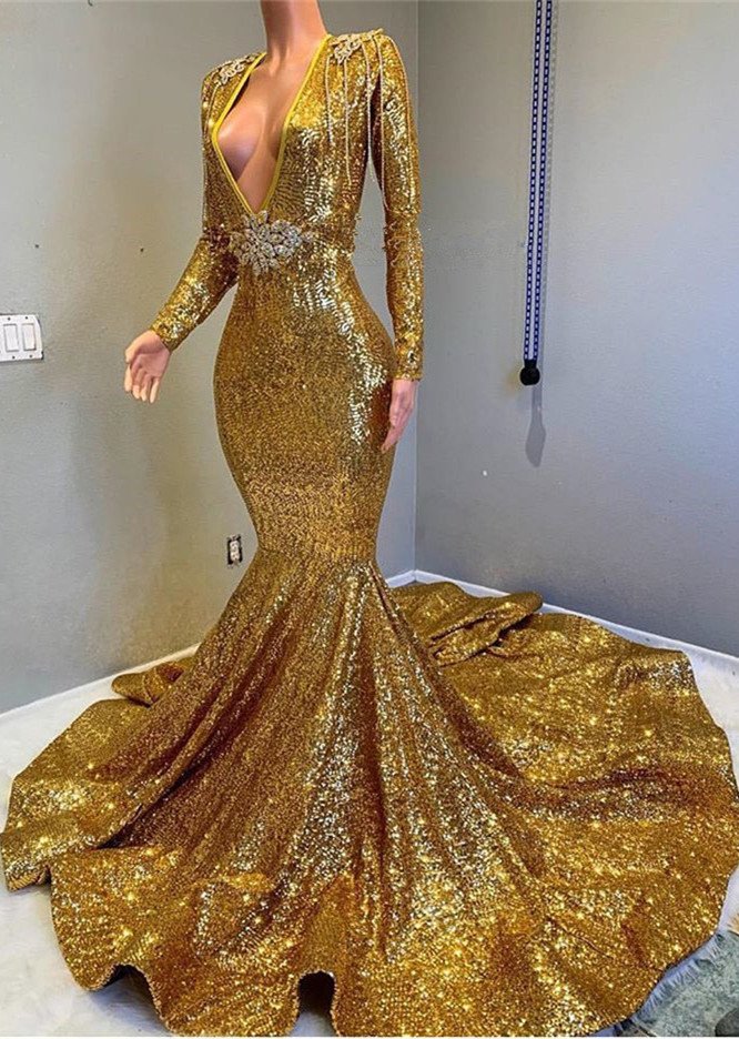 Gorgeous Gold Sequins Long Sleeves Prom Dress Mermaid Deep V-neck,pl5351