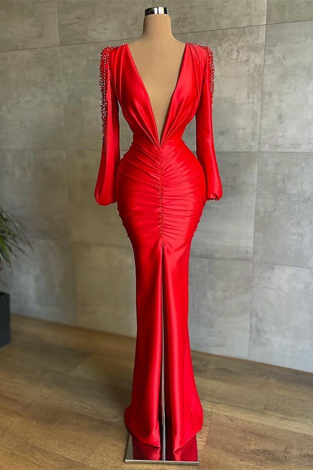 Classic Deep V-neck Red Mermaid Prom Dress Long Sleeves With Beadings,pl5359