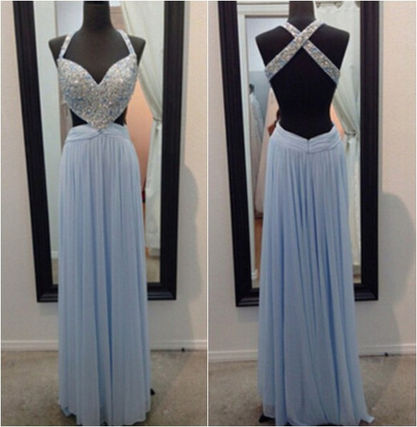 A-line Long Blue Chiffon Prom Dresses Formal Gowns Evening Dresses Backless Beaded Party Cocktail Dresses Homecoming Graduation Dresses