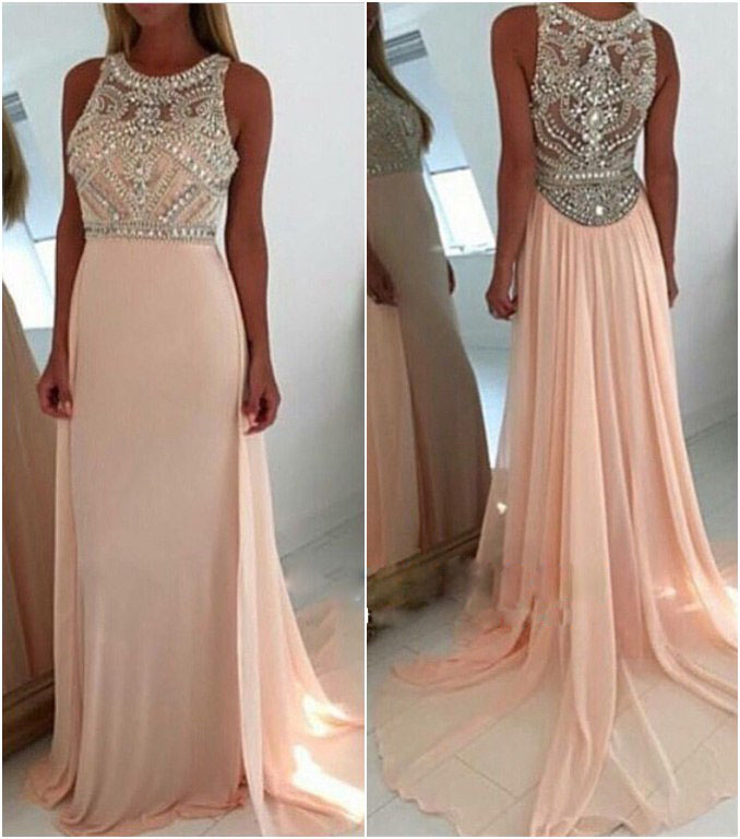 Light Pink Long Chiffon Prom Dresses Formal Gowns Evening Dresses Beaded Crystals Party Cocktail Dresses Long Chiffon Homecoming Graduation Dress