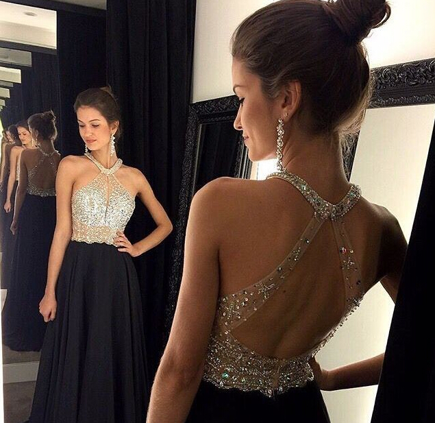 Sexy Black Chiffon Long Beaded Prom Dress Formal Evening Gowns Crystals Party Cocktail Dresses Halter Homecoming Graduation Dresses Custom