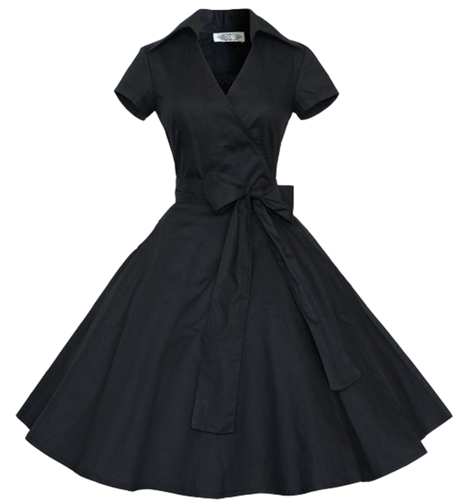V Neck Short Sleeves Retro Hepburn Style Vintage Party Dress Sexy Pinup Swing Dress 1950s Cocktail Prom Formal Rockabilly Evening Dress With Sash