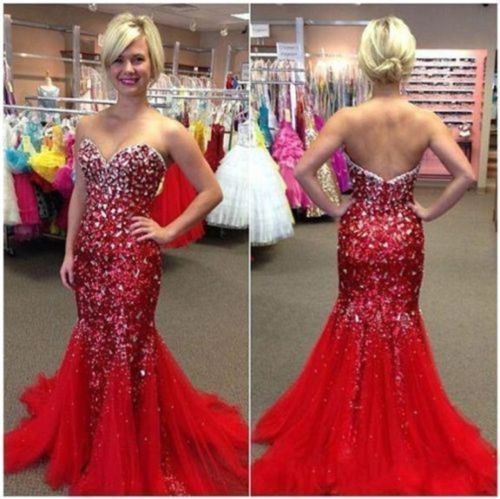 Red Tulle Long Beaded Crystals Sweetheart Mermaid Formal Prom Dresses Party Ball Evening Pageant Wedding Gowns