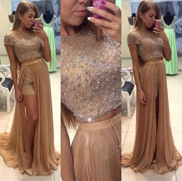 2 Piece Beaded Long Prom Dresses With Short Sleeves 2016 High Slit Long Prom Party Evening Dress Homecoming Graduation Dress