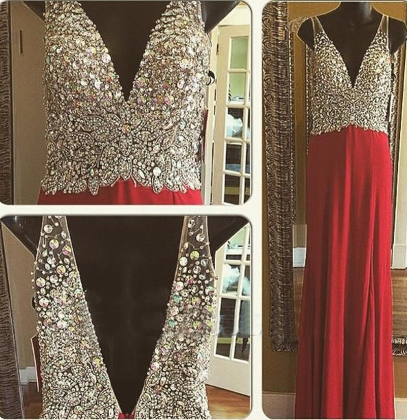 Long Red Chiffon Beaded Crystals Prom Party Dresses V-neck Pageant Ball Gowns Formal Evening Gowns