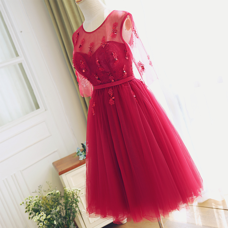 Tea Length Red Lace Bridesmaid Dress,half Sleeves Lace Prom Dress,red Lace Cocktail Dress,red Formal Party Dress