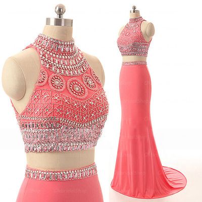 Fashion Mermaid Sexy Two Pieces Handmade Beaded Coral Prom Dress