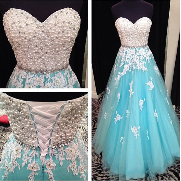 Full Length A-line Pearls Tulle And Lace Prom Dress