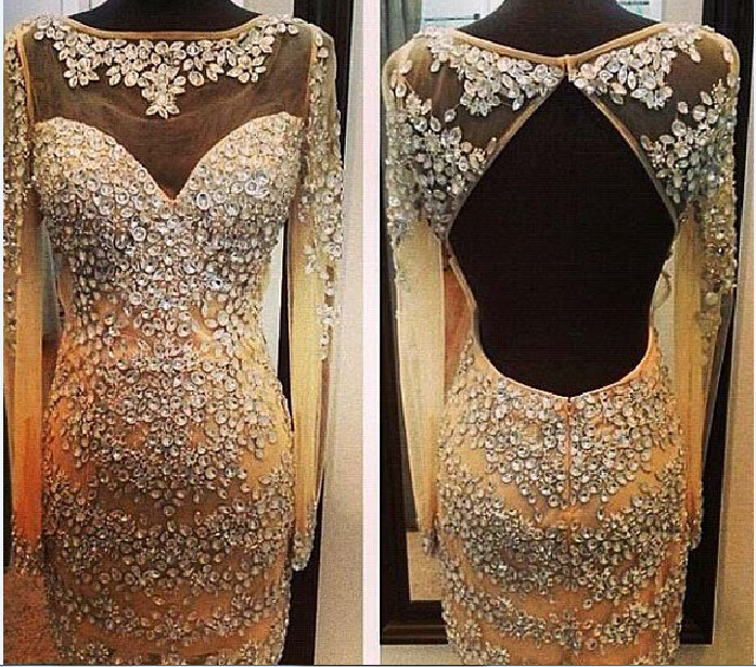 Prom Dresses Sexy Mermaid Champagne Sheer Neck Beads Backless Prom Dress Formal Dress Evening Dress Party Prom Gowns
