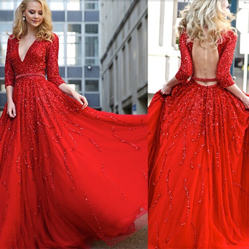 Exquisite And Luxurious Backless Long Evening Dress Deep V-neck Full Sleeve Elegant Floor Length Red Evening Gown