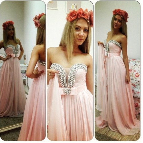 New Pink Chiffon Prom Dresses Long Formal Beads Party A-Line Dresses Custom-made