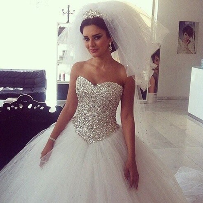 Bling Crystal Sweetheart Princess Wedding Dresses White Tulle Ball Gowns Bridal Dress Vestido De Noiva