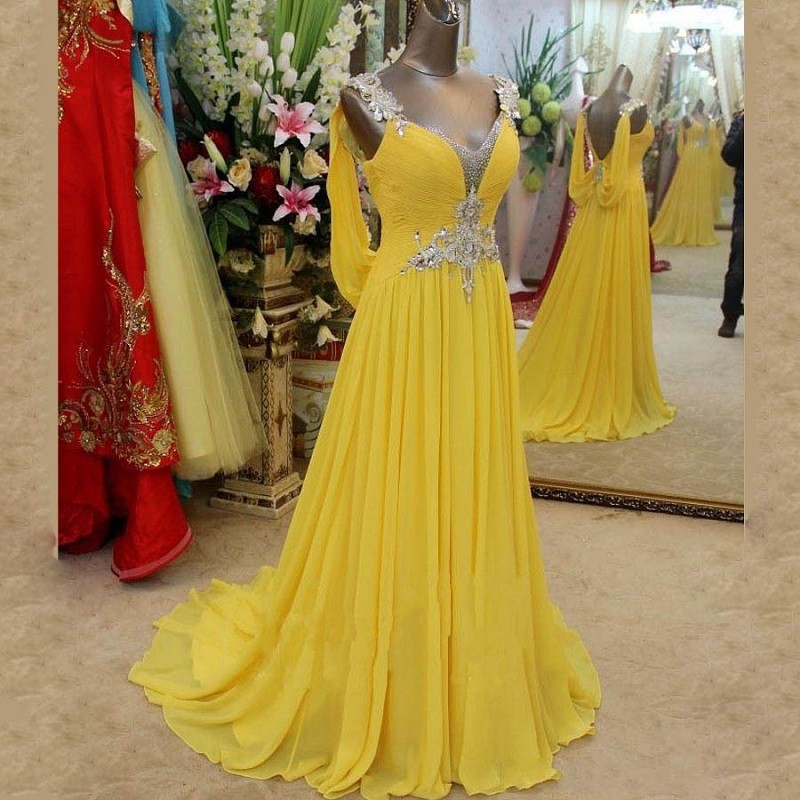 Sexy Long Prom Dresses Yellow Women Formal Gown Beading Plus Size V Neck Chiffon Sweep Train Vestido De Noche Largos Custom Made