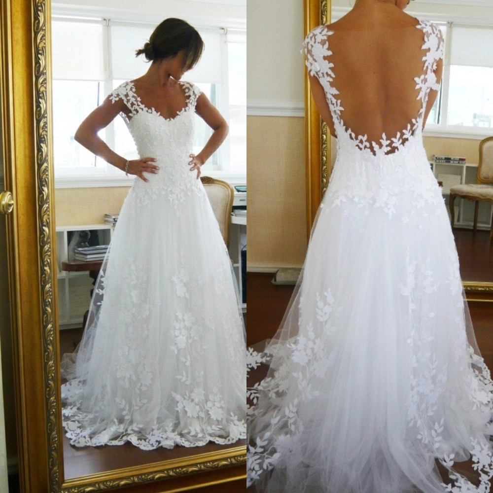 Tulle A-line Garden Beach Wedding Dresses With Applique And Hand-bead Low Open Back Bridal Gowns Sweep Train 2016