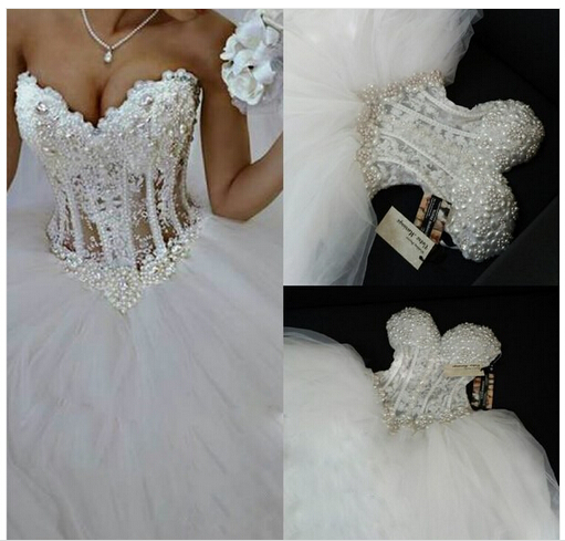 Luxurious Bling Strapless Wedding Dresses Corset Bodice Sheer Bridal Ball Crystal Pearl Beads Rhinestones Tulle Wedding Gowns