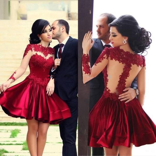 New Listed Hot Mini Party Dress Spring Long Sleeve Applique Jewel Sheer back Short Red Homecoming Dresses Cocktail Dresses