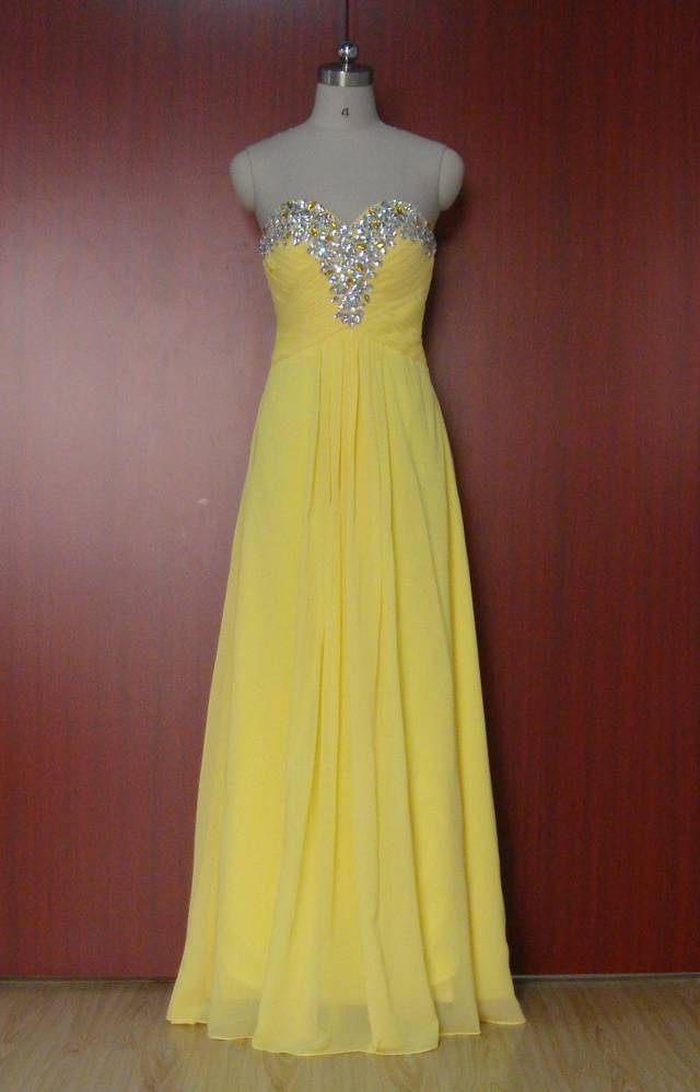 Real Photo! Long Yellow Evening Dress Stunning Gown Formal Dresses Straight Beading Chiffon Stock