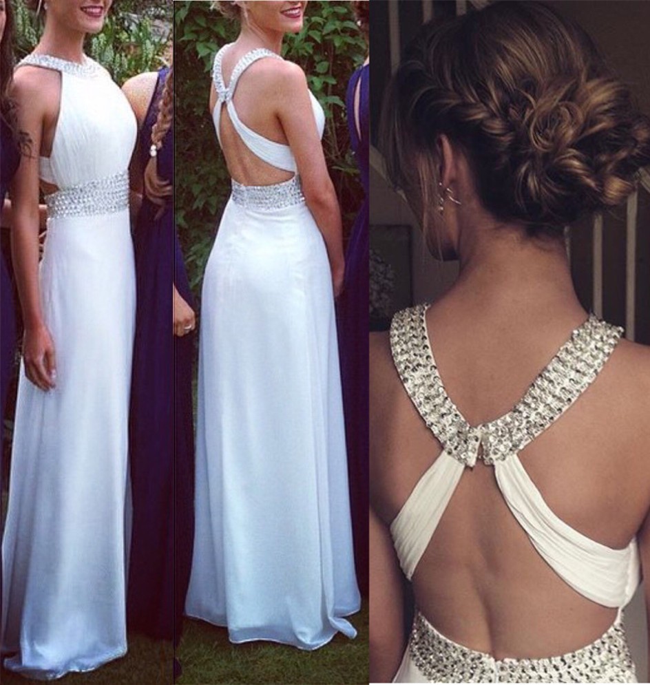 Sexy Cross Open Back Evening Dresses White Beaded Chiffon Evening Gowns Formal Dress Long Prom Dresses Robe De Soiree