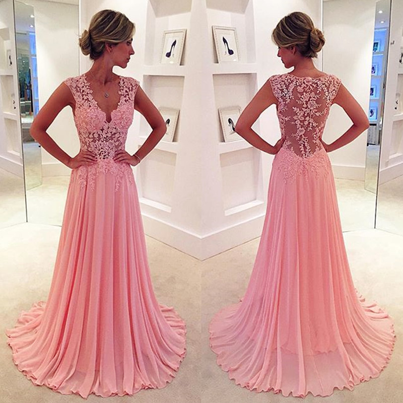 Pink Lace Appliques Long Chiffon See Through Evening Dresses 2016 Sexy Formal Prom Gowns