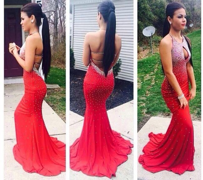 Sexy Red Mermaid Long Prom Dresses 2016 Halter Neck Backless Beading Vestido de festa 2016 Party Dresses Slim Evening Dress