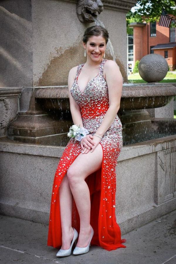 Luxury Bling Sequins Beading On Prom Dresses Sexy Red Side Split A Line With Keyhole Back Chiffon Custom Made Prom Gowns