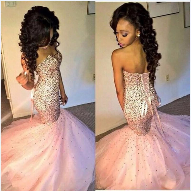 Luxury Crsytal Mermaid Prom Dresses Custom Made Sweetheart Back Corset Sexy Pink Party Dress Fashion Formal Evening Gowns