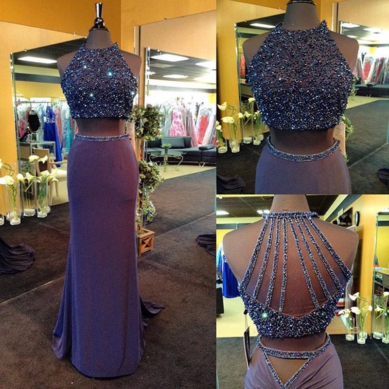 2016 Real Iamge Two Pieces Prom Dresses Sexy Mermaid Lavendar Beads Crystals Bling Sparkle Luxury Rhinestones Backless Long Formal Party Gowns