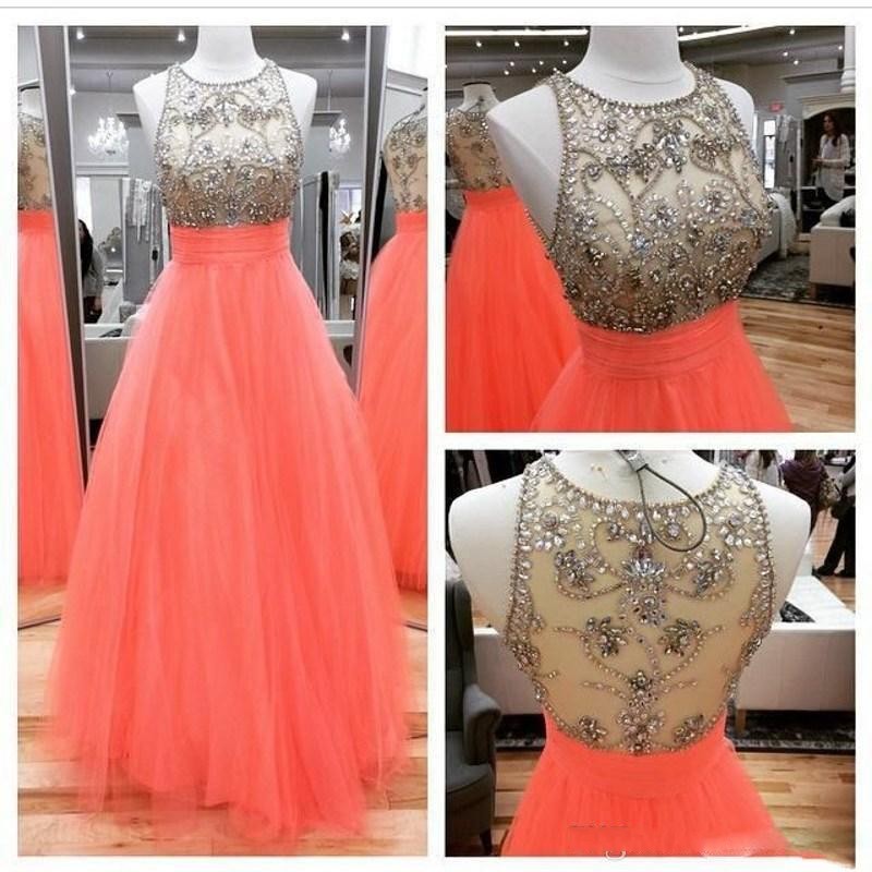 Real Image Sexy A-line Prom Dresses A-line Orange Sheer Neck Rhinestones Backless Long Formal Evening Party Gowns