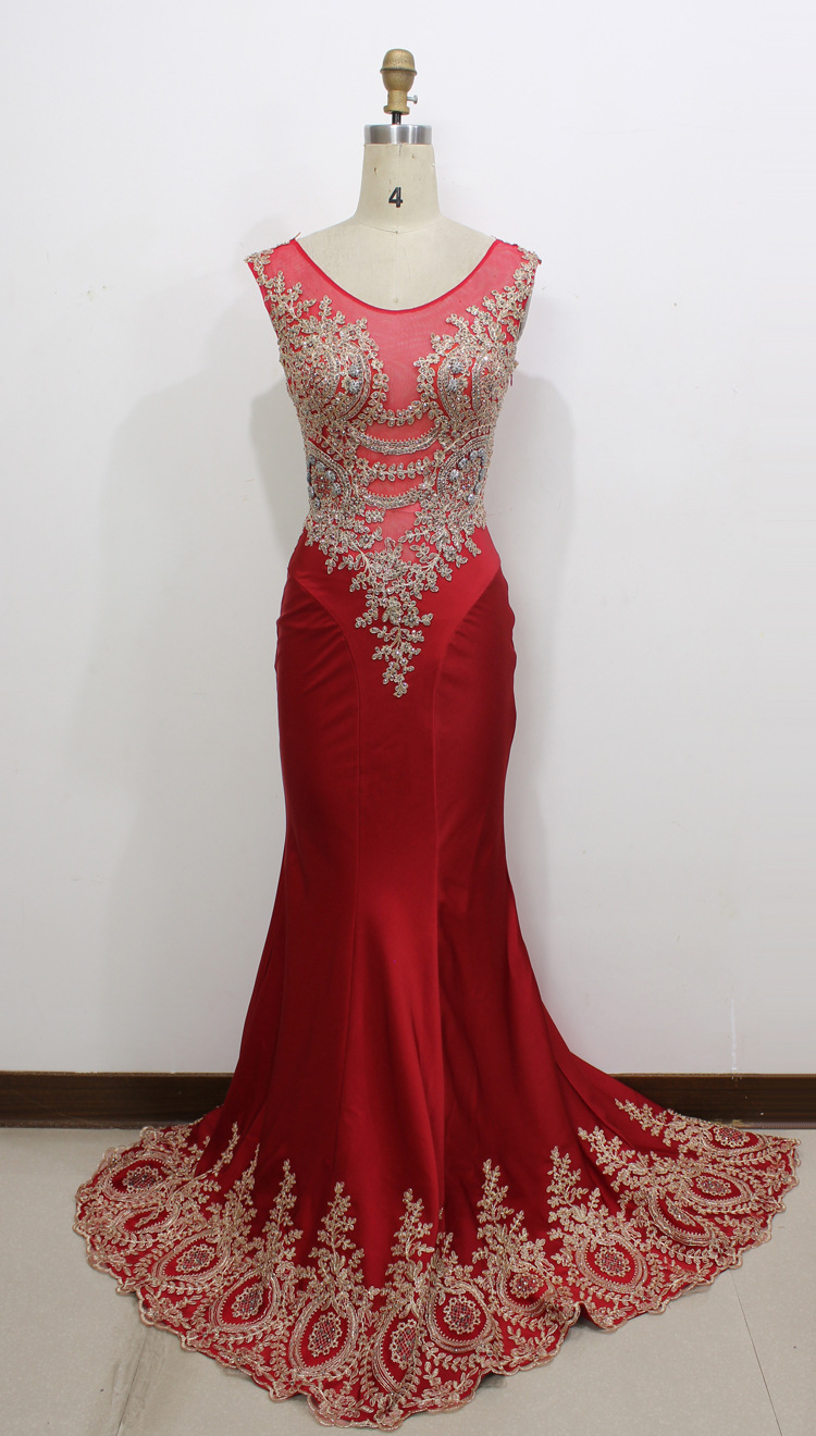 2016 Real Image/picture Mermaid Prom Dresses Red Sheer Neck Appliques Hollow Back Long Formal Evening Party Gowns