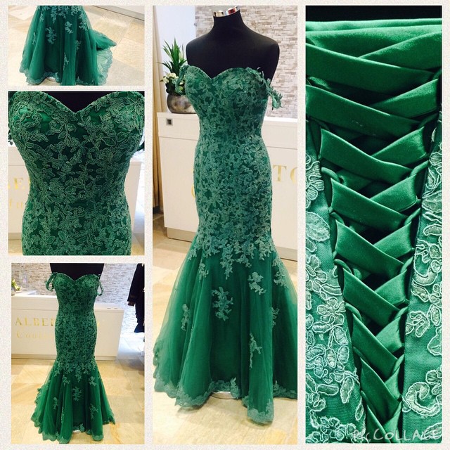 2016 Prom Dresses Real Image Mermaid Green Sweetheart Appliques Lace Up Formal Evening Party Gowns Robes De Bal